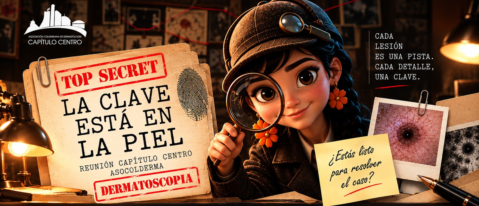 La clave está en la piel — detective investigando con lupa, expediente Top Secret del evento de Dermatoscopia